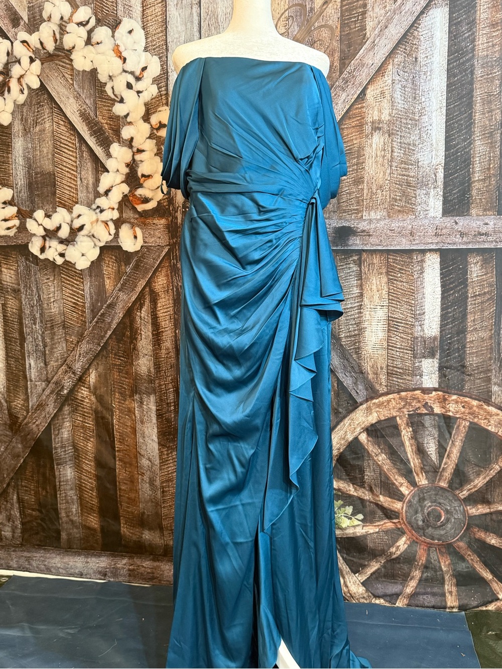 Mac Duggal Teal Strapless Draped Evening Gown